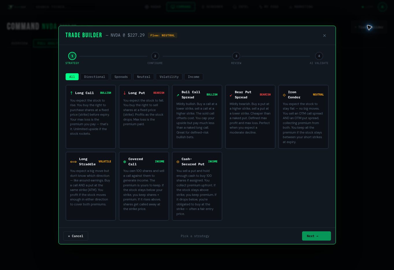 Trade Builder, step 1: choose a strategy for the exposure you intend. The example uses a long call to demonstrate the controls, not to recommend it.